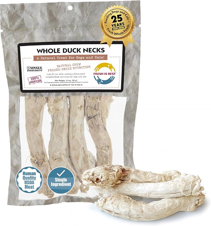 Duck Necks Freeze Dried Dog Treats – Raw Freeze Dried Cat Treats in Resealable Zipper Bag – High-Protein for Dogs & Cats – Made in The USA