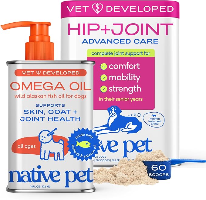 Omega 3 Fish Oil for Dogs 16Oz & Advanced Care Hip & Joint Supplement for Dogs 12.7Oz Powder for Mobility & Movement - Supports Healthy Skin, Coat, Joints, Cartilage & Muscle