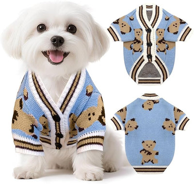 Small Dog Sweaters Cute Bear Knitted Dog Cardigans Clothes for Small Medium Dogs Soft Pet Puppy Cat Knitting Outfits Fall Winter Warm Boy Girl Dogs Knitwear Coat Apparel（Blue,X-Large）