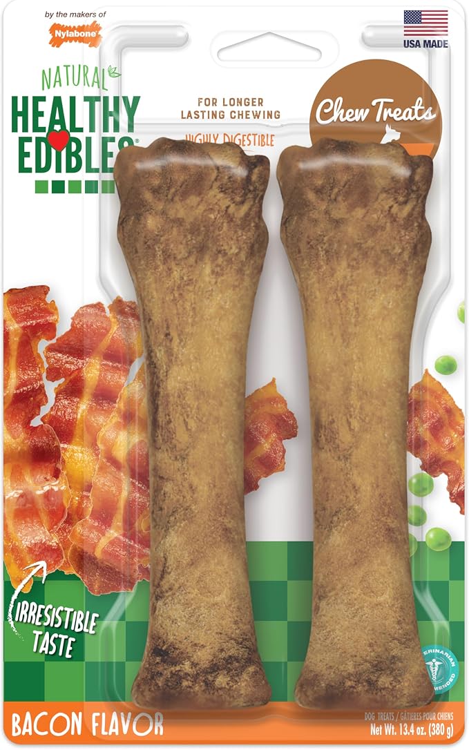 Healthy Edibles Natural Dog Chews, Long Lasting Bones for Dogs, Bacon Flavor Dog Treats, X-Large (2 Count)