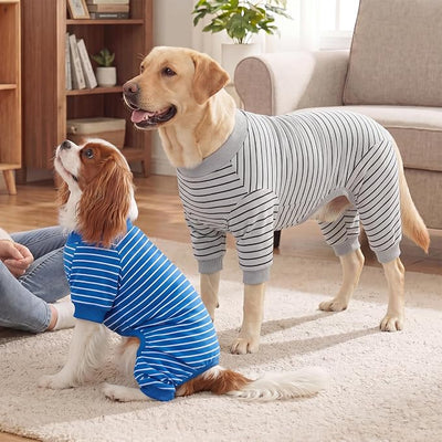 XPUDAC 4 Pack Dog Pajamas Striped Dog Clothes for Small Medium Dogs Girl Boy Comfy Puppy Outfit Doggy Jammies Onesie Pet Costume, Blue, Grey, Green, 2XL