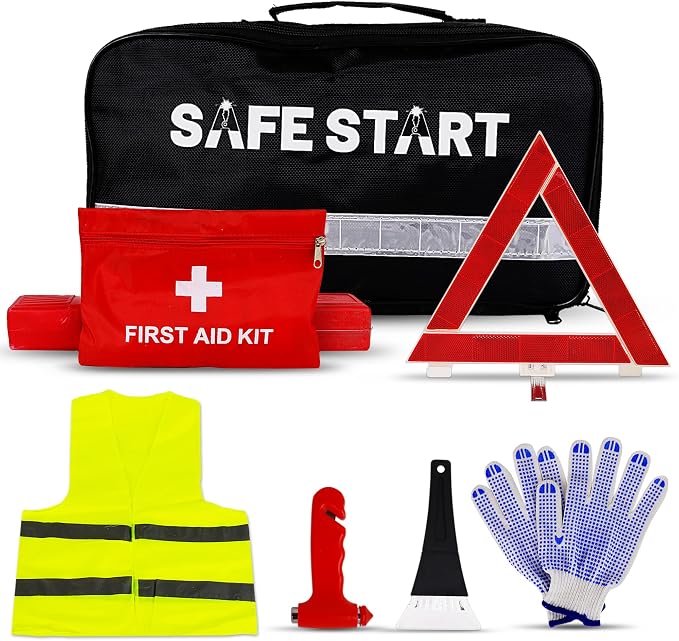 Safe Start Car Emergency Kit - Car Safety Kit with First Aid, Safety Hammer, Reflectors, Gloves, Ice Shovel - Compact Roadside Tool Kit for Repairs, Snow, Accidents - Protect Your Family on the Road