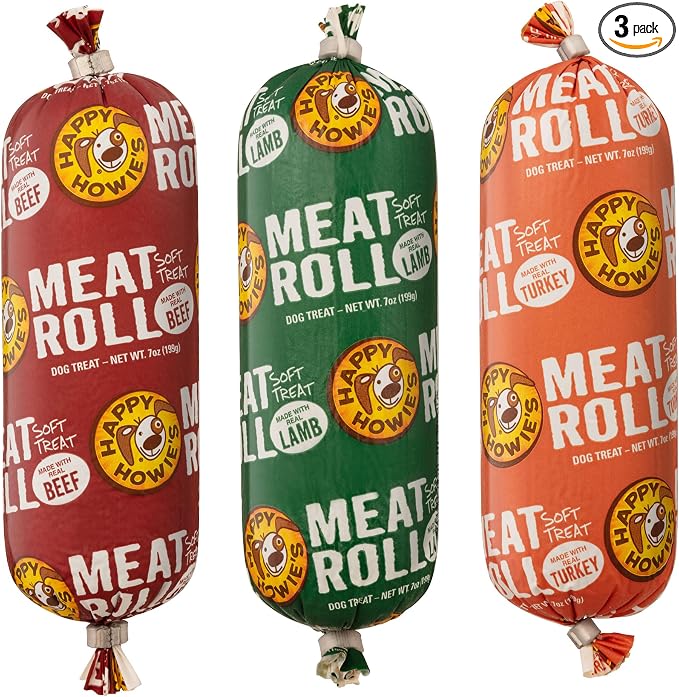 Happy Howie's Soft Meat Roll Treat - Soft Dog Food Rolls, Natural Ingredients, for All Dogs, Made in USA - Beef, Lamb, Turkey, 7 Oz (Pack of 3)