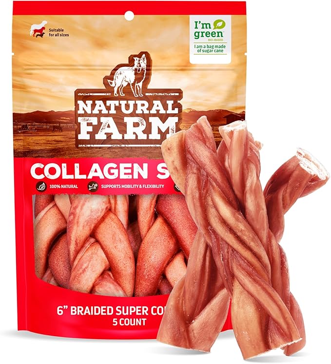Odor-Free Super Braided Collagen Dog Chews (6-Inch, 5-Pack) First Ever Real Bull Sticks Alternative, 100% Natural Angus Hide Collagen Treats- More Protein More Chew Time for All Dogs