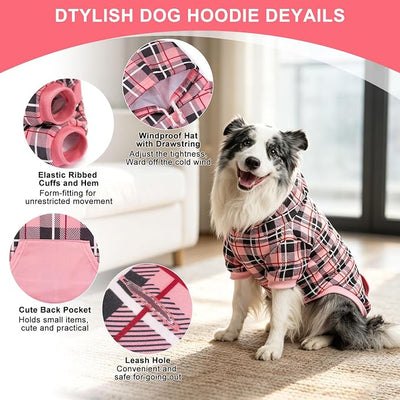 EXPAWLORER Plaid Dog Hoodie - British Style Warm Dog Sweater Shirt with Leash Hole,Pitbull Clothes Outfits,Winter Coat Apparel for All Breeds Puppy Girl Boy-Cat Apparel,Pink Large
