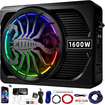 2026 Upgraded 1600W 10" Ultra-Slim Active Under Seat Car Subwoofer Built-in Amplifier & LED Lights | Distortion-Free Bass | Low Pass Filter, Gain & Bass Boost Control