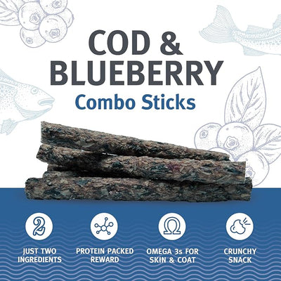Icelandic+ Combo Sticks: Cod & Blueberry - 6 Count- Dog Treats, Crunchy 2 Ingredient Pet Snacks, Preservative Free, Wild Caught Fish, Slow Baked, Natural