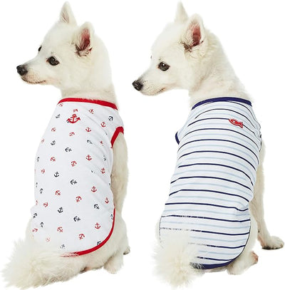 Blueberry Pet Soft & Comfy Summer Vacation Beach Cotton Dog T-Shirts, 2 Pack, Sea Lover Navy Sailor Shirts Tank Top Clothes, Back Length 14", for Small Medium Dogs