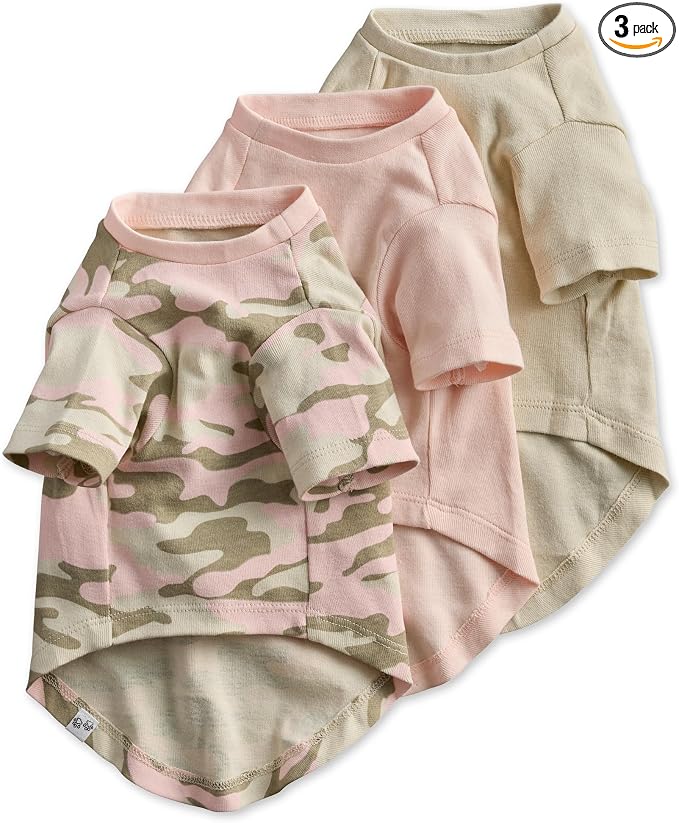 Pet Passion Toby 3-Pack 100% Organic Cotton Dog Short Sleeve T-Shirt Pet Tees for All Breeds, Pink Camo, Small (10-25 lbs)