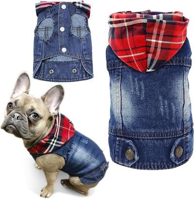 SILD Pet Clothes Dog Jeans Jacket Cool Blue Denim Coat Small Medium Dogs Lapel Vests Classic Hoodies Puppy Blue Vintage Washed Clothes (Plaid Hat,XL)