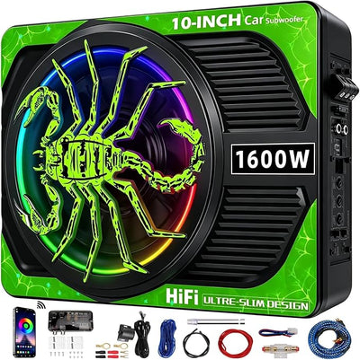 2026 Upgraded 10" 1600W Slim Under Seat Car Subwoofer with Built-in Amp & LED Ambient Lights - Low Profile Bass Sub for Car Audio Individual Controls (LPF/Gain/Bass Boost) High Output Distortion-Free