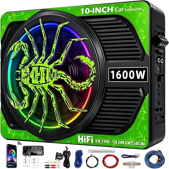 2026 Upgraded 10" 1600W Slim Under Seat Car Subwoofer with Built-in Amp & LED Ambient Lights - Low Profile Bass Sub for Car Audio Individual Controls (LPF/Gain/Bass Boost) High Output Distortion-Free