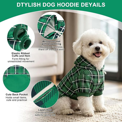 EXPAWLORER Plaid Dog Hoodie - British Style Warm Dog Sweater Shirt with Leash Hole,Pitbull Clothes Outfits,Winter Coat Apparel for All Breeds Puppy Girl Boy-Cat Apparel,Green S-Medium