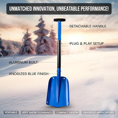 EcoNour 32" Multipurpose Snow Shovel for Car Driveway | Lightweight Aluminum Shovel for Snow, Sand, and Garden Use | Heavy-Duty, Foldable 3-Piece Shovel for Car, Home, and Outdoors (Blue)