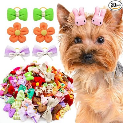 Mruq Small Dog Hair Bows with Rubber Bands, Mix Handmade Cute Puppy Gooming Flower Ball Bows for Holiday Daily Accessories (A339)