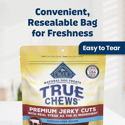 Blue Buffalo True Chews Beef Premium Jerky Cuts Natural Dog Treats, Chicken-Free Recipe, Healthy Reward or Training Treat, Made in the USA with Real Steak & Natural Ingredients, 20 oz.