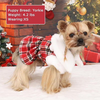 Dog Sweater with Leash Set D Ring Plaid Fleece Dog Clothes for Small Dogs Girl Boy Winter Puppy Dress Cold Weather Coat Fall XXS Sweater for Chihuahua Yorkie Cat Doggy Costumes, Red, XXS