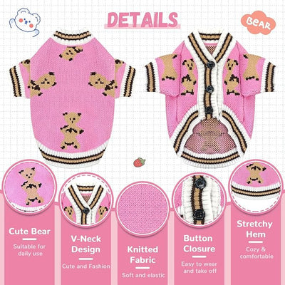 ABRRLO Small Dog Sweaters Cute Bear Dog Cardigans Clothes for Small Medium Dogs Boy Girl Puppy Cat Knitting Cardigan Outfits Dogs Winter Coats Warm Pet Doggy Clothes Soft Knitwear (Pink, Medium)