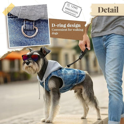 Cool Dog Jean Jacket Vest with D-Ring Blue Denim Dogs Hoodies Outfits for Small Medium Dogs Cats Boy Male Dog Clothes Costume Dogggie Puppy Harness Coat for Frenchie Walking(Grey Hat,M)