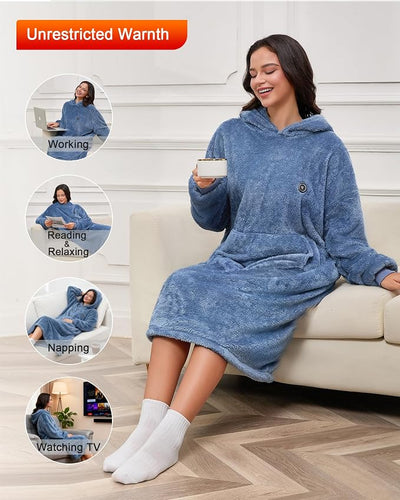 Oversized Heated Wearable Blanket, Battery Powered Fleece Hoodie Robe 7.4V 16000mAh 167°F Overheat Protection