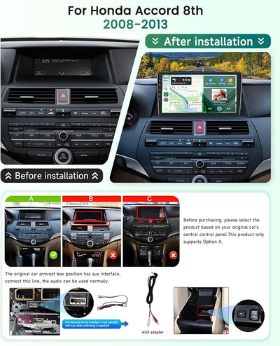 4Core 4G+64G Car Stereo for Honda Accord 8th 2008 2009 2010 2011 2012 2013, Wireless Carplay Android Auto, 10" Screen Radio with Backup Camera, Bluetooth Stereo for Honda, WiFi GPS, SWC, EQ/FM/RDS