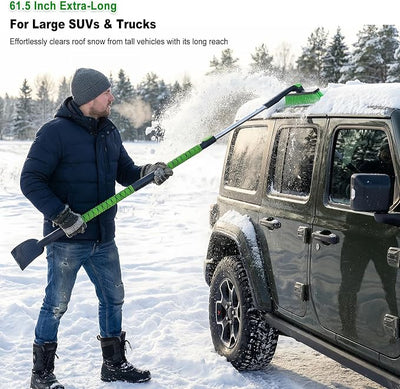 SEAAES 61.5 Inch Long Snow Brush with 5.2" Extra Wide Ice Scraper for Truck, Extendable Snow Scraper with Foam Grip, 360° Pivoting Brush for Car SUV Jeep RV Vehicle Windshield Window - Green