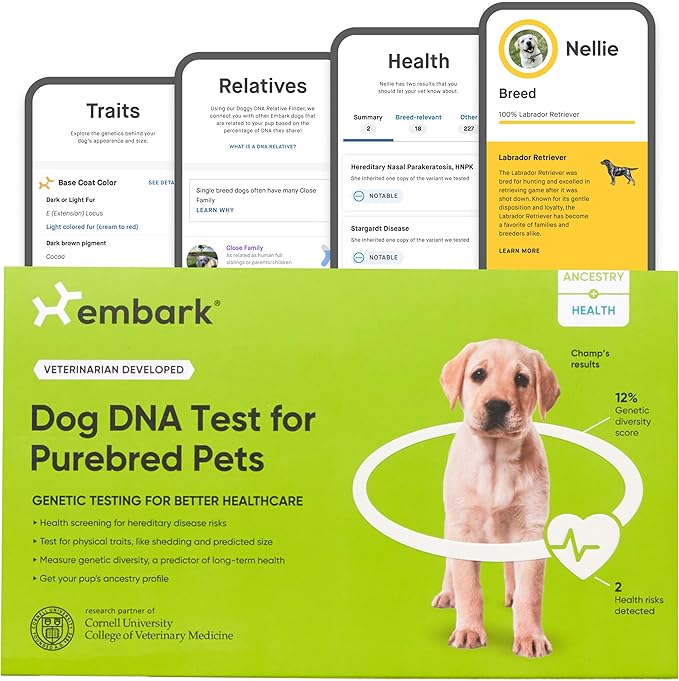Purebred Dog DNA Test - 270+ Genetic Health Conditions, 55 Physical Traits, Coefficient of Inbreeding (COI), Relatives, Breed Confirmation