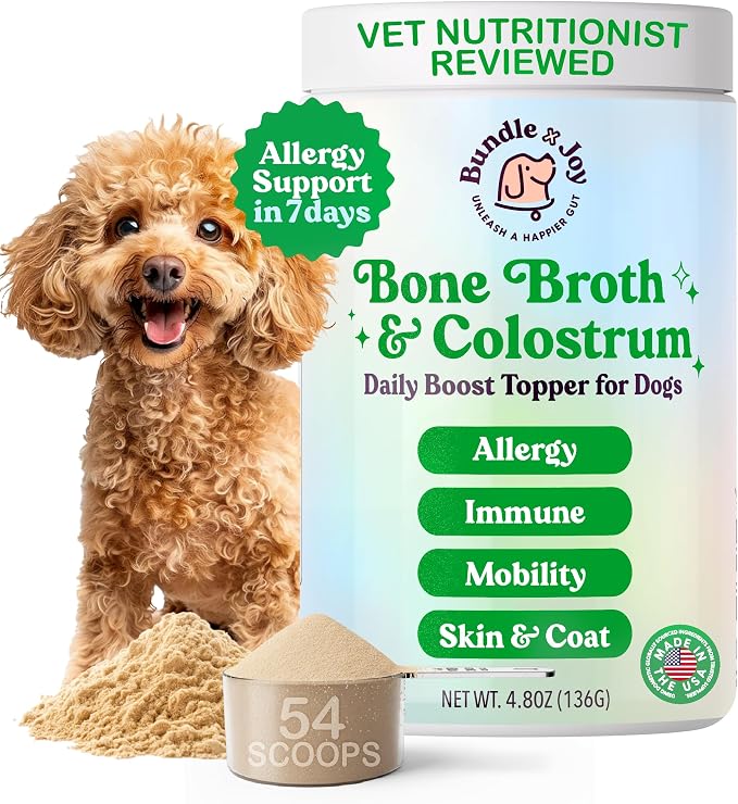 Beef Bone Broth Powder for Dogs Daily Boost Powder with Colostrum for Dogs Immune Support & Allergy Relief, 4.8 oz, 54 Servings - Dog Supplements Made in USA