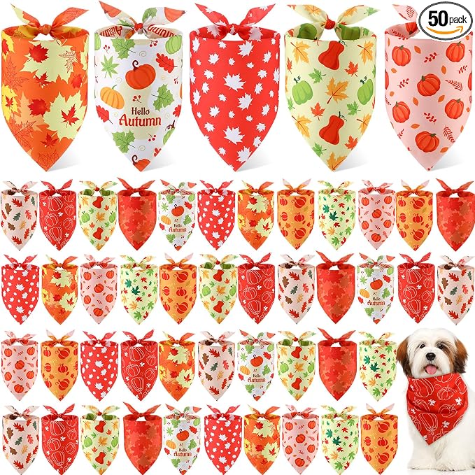 50 Pcs Thanksgiving Fall Dog Bandanas Bulk Pumpkin Maple Leaves Autumn Bandanas for Bibs Adjustable Scarf for Small Medium Large Pet Cat Costume(Leaves Pattern, 19.7 x 13.8 x 13.8 Inch)
