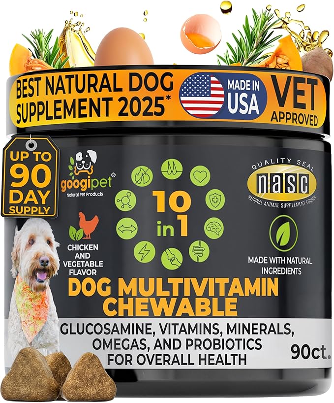 Premium Dog Multivitamin Chewable, Dog Vitamins and Supplements, Puppy Vitamins & Senior Dogs Probiotics for Gut Health + Vitamin C, Glucosamine for Dogs Joint Support (Chicken Flavor)