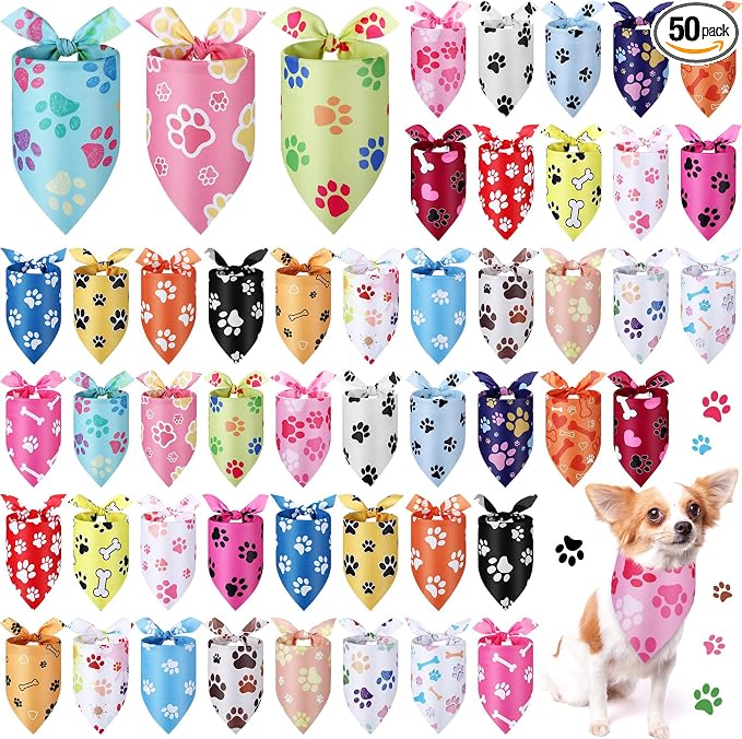 50 Pcs Paw Print Dog Bandanas Bulk Cute Footprint Bandanas for Dogs Triangle Kerchief Bib Scarf for Pets National Dog Day Party Costume Photo Props Accessories Pet Shops (19.7 x 13.8 x 13.8)