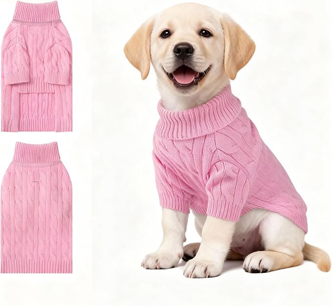 Small Dog Thermal Pullover Sweater, Classic Turtleneck Cable Knitwear Dog Clothes for Cold Weather Warm Pet Clothes for Chihuahua, Bulldog, Dachshund, Pug Pink X-Large