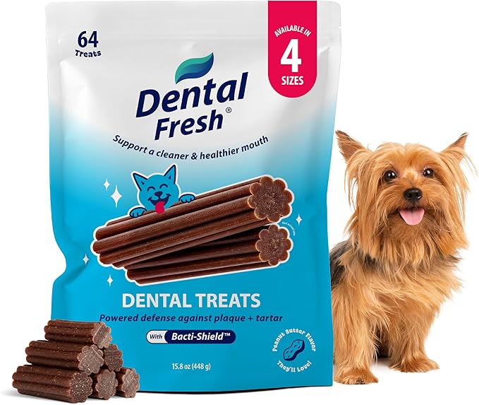 Dental Treats for XS Dogs, Vet-Formulated Teeth Cleaning Dental Sticks to Help Reduce Plaque and Tartar and Freshen Breath, 64 Count Brush Free Dental Chews for Dogs up to 10 lbs