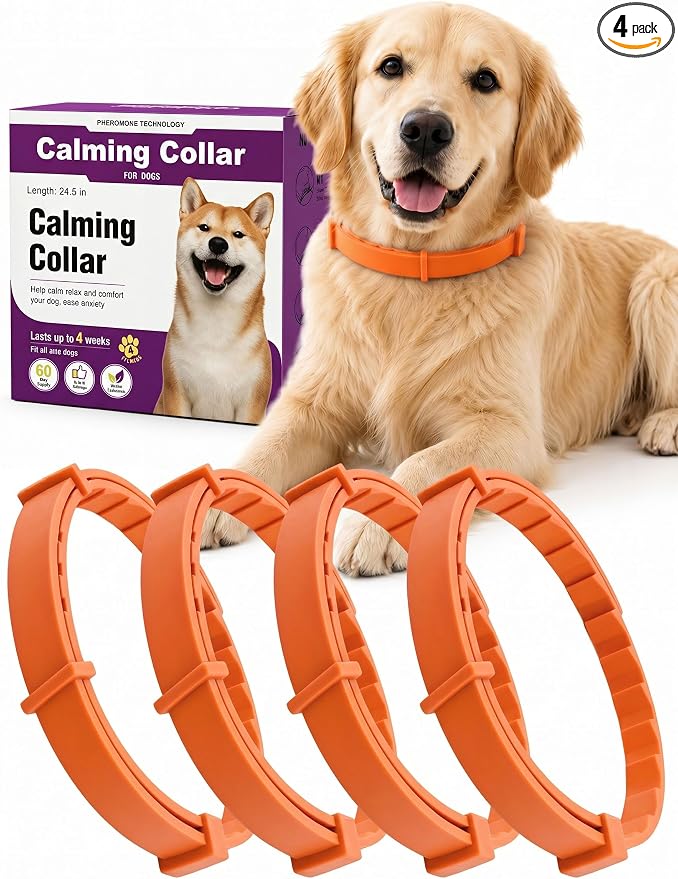 Calming Collar for Dogs 4 Pack, Adjustable Pheromone Collars for Dog Puppy, Long-Lasting Stress & Anxiety Relief, Waterproof Natural Dog Calming Collar for Barking & Thunder (Orange, Large)