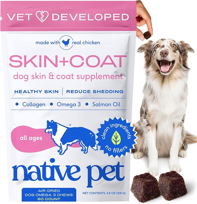 Skin & Coat Chews - Omega 3 Fish Oil for Dogs Skin & Coat Supplement - Itch Relief, Shiny Fur & Shedding Support - Collagen, Hyaluronic Acid, Biotin, Probiotics & Salmon Oil - 60 Chews