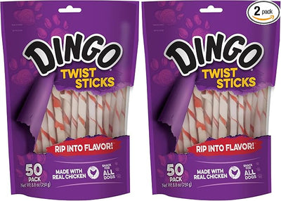 Dingo Twist Sticks, Premium Rawhide Treats for Dogs Made with Real Chicken, 50 Count (Pack of 2)