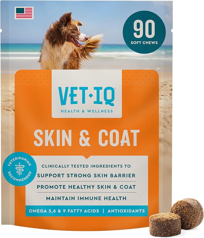 VetIQ Skin and Coat Supplement for Dogs, Helps Maintain Healthy Skin and Shiny Coat, Hickory Smoke Flavor Dog Chew, Made in The USA, 90 Count