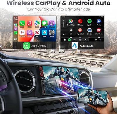 9" Double Din Car Stereo with Wireless Apple CarPlay & Android Auto,QLED IPS Touchscreen Car Radio,1080P Backup Camera, Mirror Link, Voice Control, Bluetooth 6.0, AM/FM, Type-C Fast Charging, EQ, SWC