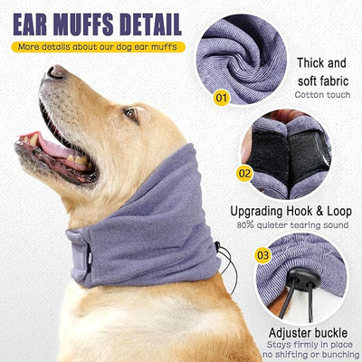 Meifsou Quiet Ears for Dogs - Adjustable Ear Covers for Noise, No Shake Dog Head Wrap, Dog Calming Hood for Thunder, Lightning, Fireworks, Vet Visits, Polyester and Stretch Cotton Blend, Purple L