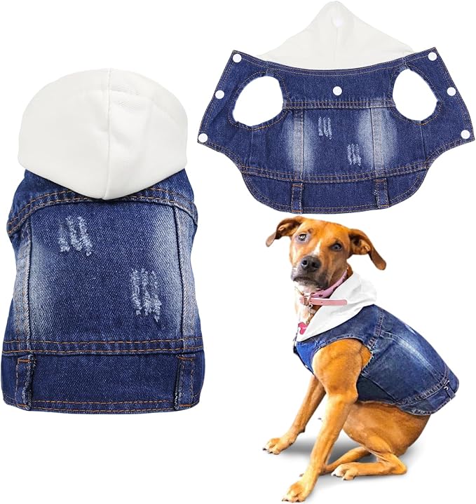 SILD Pet Clothes Dog Jeans Jacket Cool Blue Denim Coat Small Medium Dogs Lapel Vests Classic Hoodies Puppy Blue Vintage Washed Clothes (White,XXL)