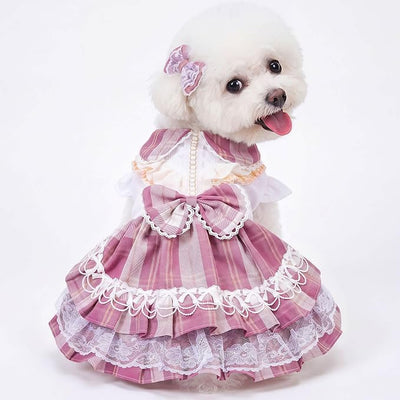 Plaid Princess Dog Dress, Multi Layered Skirt Lace Trim Design Dog Outfit, Girl Dog Clothes with Large Bow & Bow Hair Accessory for Birthday, Wedding, Party, Photoshoot (XS)