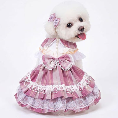 Plaid Princess Dog Dress, Multi Layered Skirt Lace Trim Design Dog Outfit, Girl Dog Clothes with Large Bow & Bow Hair Accessory for Birthday, Wedding, Party, Photoshoot (S)