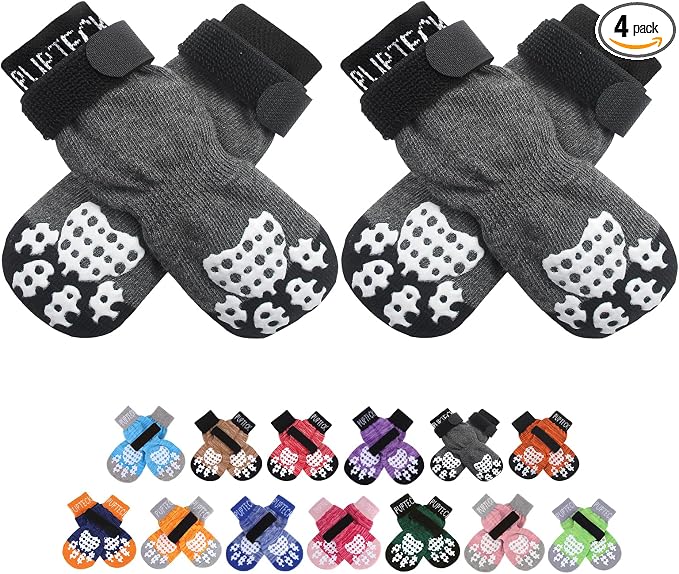 PUPTECK Anti-Slip Dog Socks with Double Sides Grips for Small Medium Large Dogs Hardwood Floors Prevents Licking, Dog Shoes for Hot Pavement Traction Control Paw Protector for Senior Dogs, Grey S