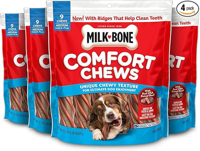 Milk-Bone Comfort Chews, Dog Treats with Unique Chewy Texture and Real Beef, 9 Chews (Pack of 4)
