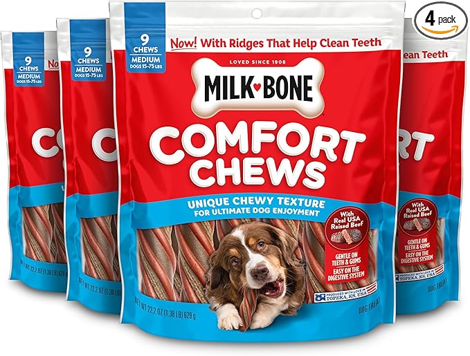 Milk-Bone Comfort Chews, Dog Treats with Unique Chewy Texture and Real Beef, 9 Chews (Pack of 4)