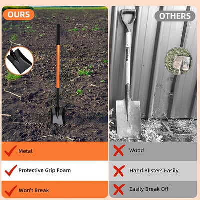 Small Square Shovel 43.3Inches Heavy Duty Garden Tools with Metal Handle, Small Transfer Spade for Digging Camping Car Beach Shovel, Orange