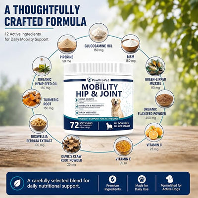 Pawprovet Mobility Hip and Joint, Daily Soft Chews with Glucosamine, Chondroitin, MSM, Green-Lipped Mussel and Boswellia, Easy Chew Routine for Adult and Senior Dogs