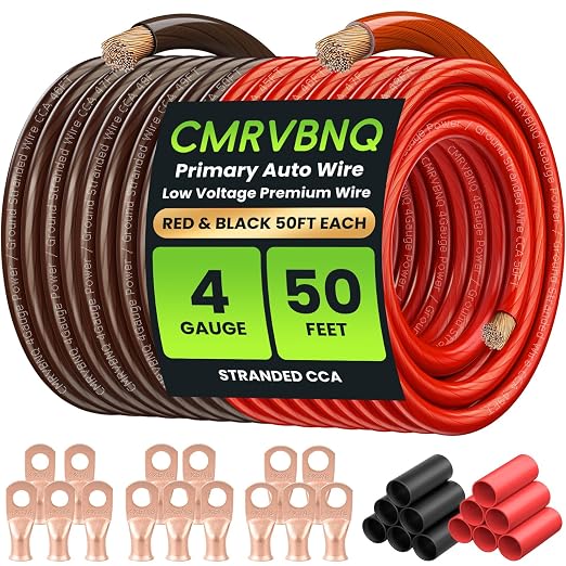 4 Gauge Battery Cable CCA Wire Kit, 50FT Each Red Black with Terminals Heat Shrink Tubes Low Voltage Primary Automotive Power Ground Cable for Car Audio Amp Subwoofer RV Wiring