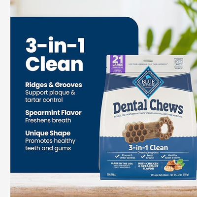 Blue Buffalo Natural Dental Chews for Large Dogs 50 lbs. and up, Chicken & Spearmint, Daily Teeth Cleaning Dog Treats, Enhanced with Vitamins & Minerals, 33-oz. Bag (21 Treat Count)