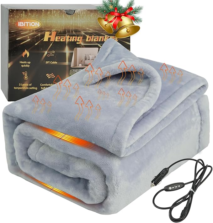12V Heated Blanket for car,Machine Washable Electric Blanket Heated Travel Blanket Plug in Flannel Heating Throw for Car Truck SUV Van 40x55” with Controller 3 Heating Level